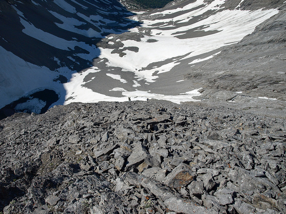 Looking down the rubbly south face.
