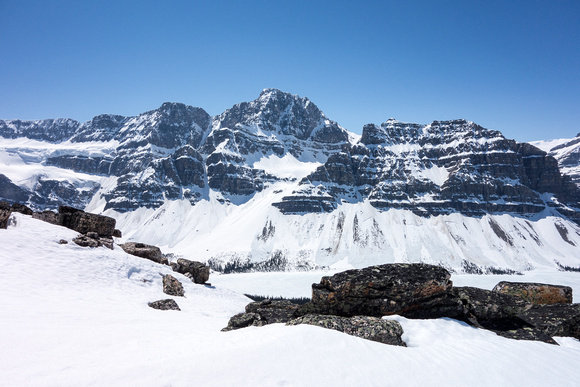 Avalanches were thundering down peaks in the area all afternoon. Look closely at the east side of Crowfoot Mountain.