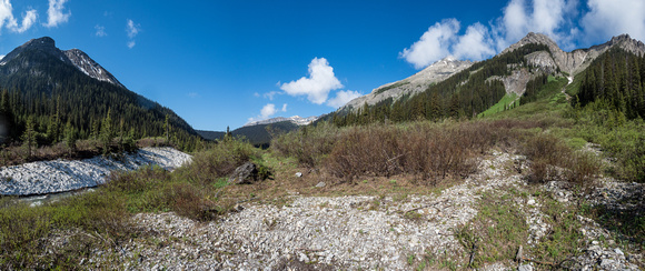 Finally coming around to the flats on the south side of Mount Currie. An outlier of Warre at left and Currie at right.