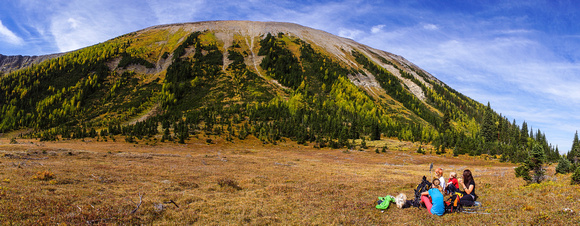 Our first break, sitting under Tent Ridge in the meadows around the Monica Brook tarn.
