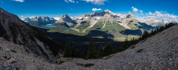 Why would I want to change my route with views like this behind me? Mount Patterson at center, Peyto Lake at left.