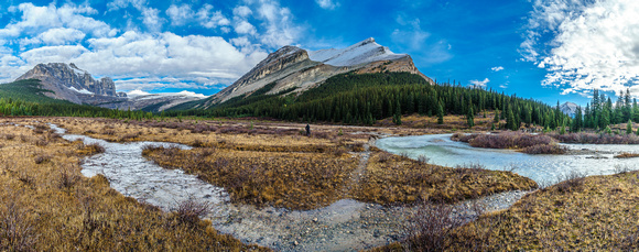 Shingle Flats with Drummond Creek coming in from the left to the Red Deer River on the right. Pipestone Peak on the left, Drummond on the right.