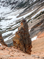 A brilliantly colored rock pinnacle lower down the NW face of Two O'Clock Peak.