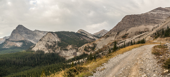 Following the road to the pass as it winds around the south side of Racehorse Peak (out of sight at upper right). Mount Ward at far left.