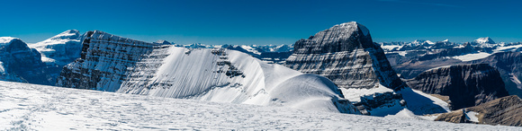 From the snow summit on Diadem looking towards Woolley (L) and Alberta (C).