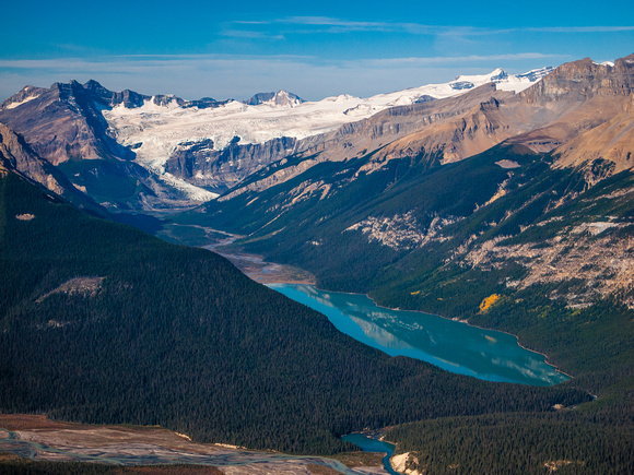 Looking over a beautiful Glacier Lake at the Lyell Icefield and Arctomys Peak (R).