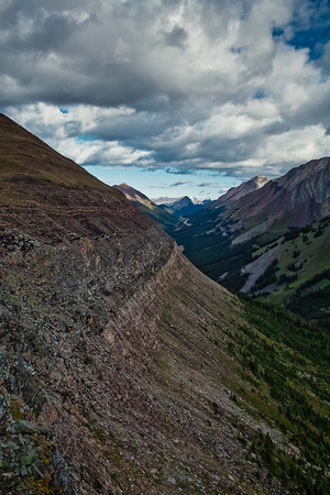 Looking along the north side of Lipsett towards our approach route with hwy 40 and the Highwood Pass in the distance.