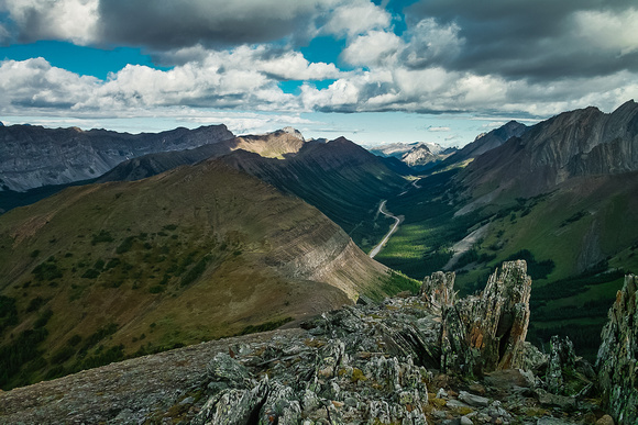 Highwood and Grizzly Ridges at left with Tyrwhitt at far left. Mount Rae in the distance at right.