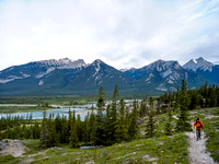 Looking back at Wietse on the very well traveled Overlander Trail with the Athabasca River at left.