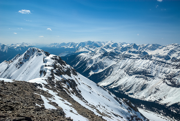 Sublime views south over the Kananaskis Lakes area with Highwood Pass just out of sight to the left.