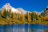 Telephoto of Cathedral Mountain over Hungabee Lake.