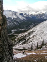 Ascending scree slopes from the Little Elbow River valley.