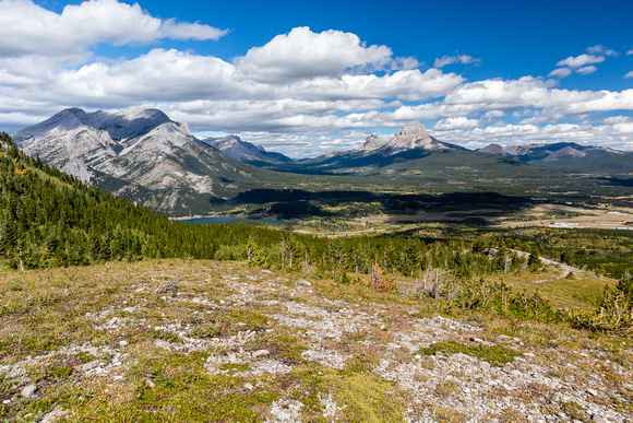 Views back to Phillipps and Tecumseh over Crowsnest Lake (L) and Crowsnest Mountain (R).