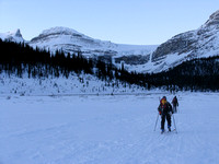 Getting near the back of Bow Lake with Bow Falls at center and the Onion and St. Nicholas at far left.