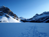 Skiing across Bow Lake on May 7th. Hoping we don't fall through the ice... A nice evening.