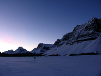 A clear, cold morning as we cross Bow Lake - always the coldest place around. Bow Peak in the distance at left.