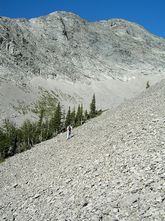 Traversing scree slopes on the way up - not much fun but it worked.
