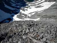 Looking down the rubbly south face.
