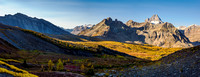 Views over the Cautley meadows to Mount Assiniboine and Wonder Pass.