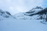 Through the narrows, looking ahead at the moraine (center) and our prize - Peyto Peak rises on the right.