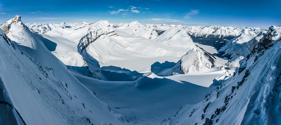 A steep pano from the ledge, looking west north and east. The false summit of Peyto on the far left and the approach to our ledge on the far right