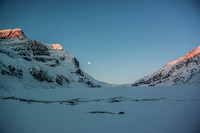 Leaving the toe of the Athabasca Glacier in perfect weather. Skyladder on Andromeda is lighting up on the left.