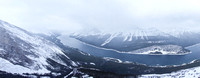 Pano from near the summit showing the entire Spray Lakes reservoir.