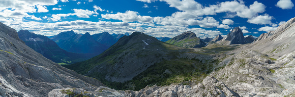 Burstall Pass Peak at center, Snow Peak to the right and Mount Smuts and Birdwood on the right.