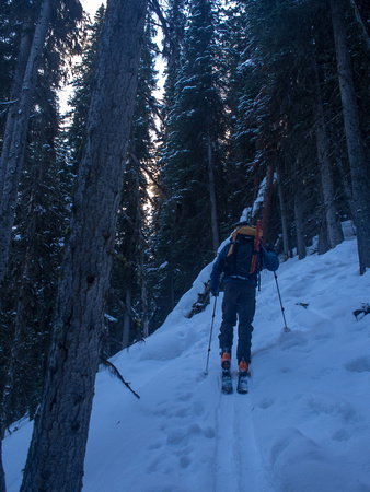 I wasn't looking forward to the descent through tight trees and crappy snow on the headwall before the lake.