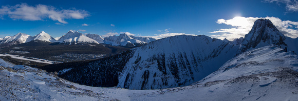 From left to right, Engadine, The Tower, Galatea, Gusty and Chester with Commonwealth Ridge just right of center and Commonwealth Peak on the far right.