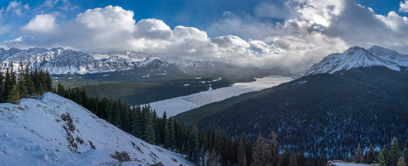 Great view over the Lower Kananaskis Lakes area - Indefatigable on the right.