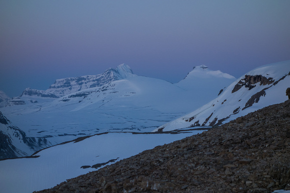Castleguard and Bryce visible up the Saskatchewan Glacier.