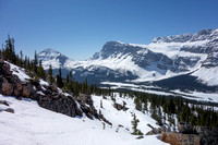 Bow Peak on the left and Crowfoot Mountain on the right with Crowfoot Pass between them.