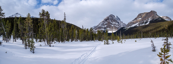 Skiing the backcountry trail up Paradise Creek towards Saddle (R) and Sheol Mountain.