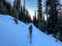 Skiing up the "Snowdrift Trail" towards Headwall Creek.