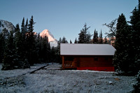 The cook shelter from our front porch and Mount Assiniboine.