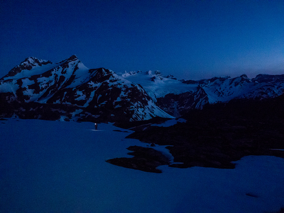 Looking back at Mike and towards the Lyells as we work our way up to the toe of the North Glacier in predawn darkness.