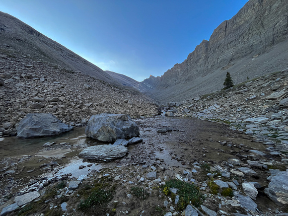 Ascending Chortling Marmots Creek into an upper hanging valley.