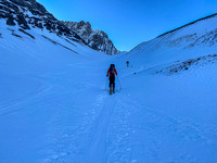 Skiing up moraines on climber's left of the French Glacier.