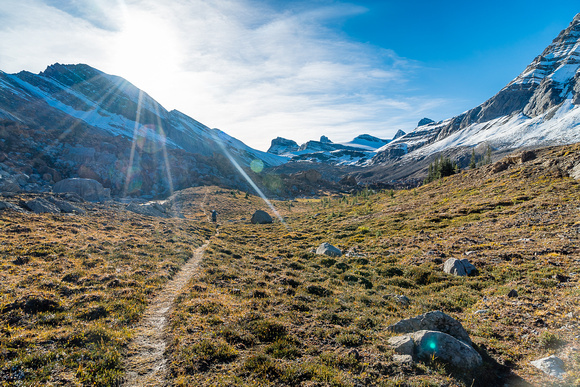 Hiking towards a still-distant Cataract Pass directly into the morning sun.
