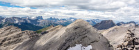 Looking north, back over the false summit with McPhail rising impressively at distant right. Abruzzi rising at left and Joffre at center distance.