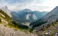 Views down our approach and up the Kananaskis River Valley towards Turbine Canyon and the Haig Glacier. Putnik at left and Hermione Peak at center.