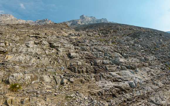 Stepped terrain on the lower south face.