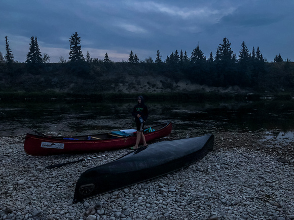 We set up camp in growing darkness. Note that my canoe was tied to some rocks as I never trust it untied - it's so light.