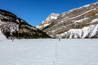 Crossing Hector Lake in fast conditions with a freeze crust.