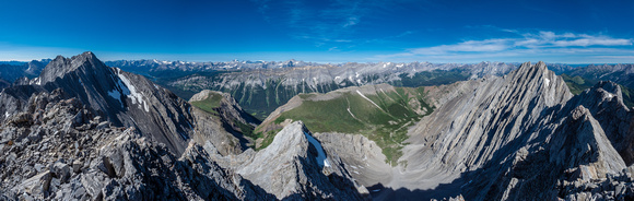 Kananaskis and Spray Lakes peaks including Lawson Ridge and summit at center and many others beyond. Mount Denny at right here with Opal Ridge running off to the right from mid center.
