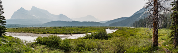 Looking back up the wide Red Deer River Valley with Mount St. Bride and Douglas at distant left.