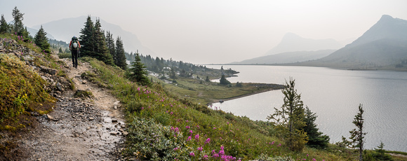 Arg. Ptarmigan Lake is almost blending in with the smokey atmosphere as we hike around its northern shore.