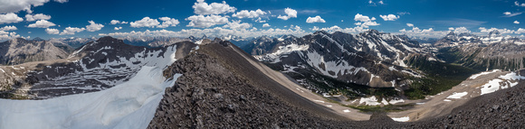 A giant pano looking towards the Spray Lakes (no longer visible) with Turner at left and Assiniboine at right.