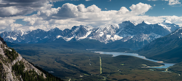 Tele-pano looking south over the Kananaskis Lakes area includes peaks such as (L to R), Fox, Foch, Rawson Lake Ridge, Sarrail, Marlborough and Mount Joffre.